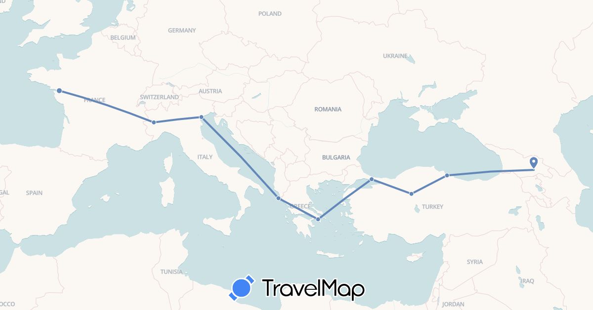 TravelMap itinerary: driving, cycling in France, Georgia, Greece, Italy, Turkey (Asia, Europe)